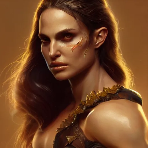 Image similar to portrait of muscular natalie portman, fantasy, intricate, elegant, highly detailed, digital painting, artstation, concept art, matte, sharp focus, illustration, octane render, unreal engine, art by aenaluck and roberto ferri and greg rutkowski, epic fantasy, digital painting