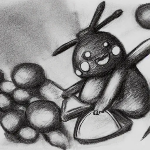 Prompt: charcoal sketch of pikachu being eaten by a colony of ants