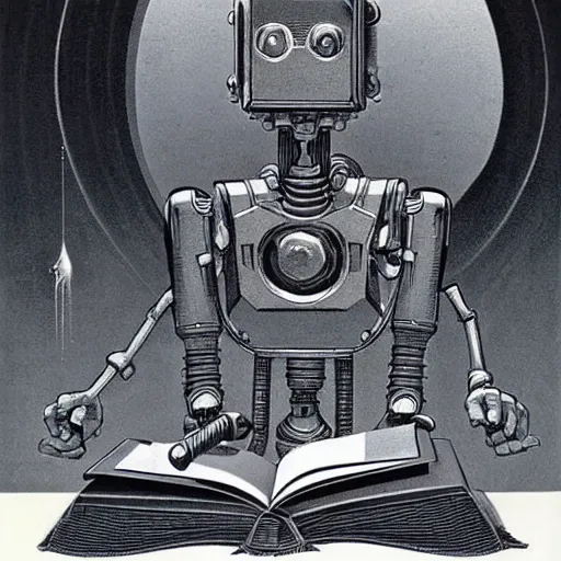 Image similar to retro dark vintage sci-fi, 2D matte illustration, robot reading a book, art by Szukalski, Beksinski