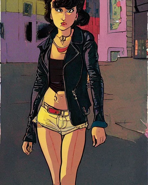 Image similar to young female protagonist in leather jacket, city street, artwork by ralph bakshi