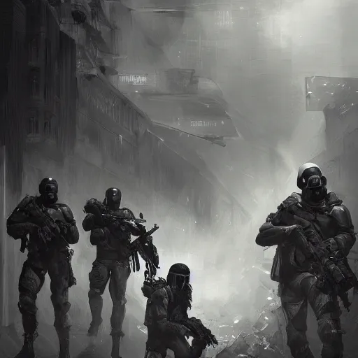 Prompt: Mercenary Special Forces in grey uniforms with black armored vests dying in 2020, by Cedric Peyravernay, highly detailed, excellent composition, cinematic concept art, dramatic lighting, trending on ArtStation