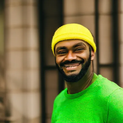 Image similar to A photo of smiling man with green skin in yellow hat