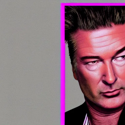 Image similar to retrowave splintered very strange portrait of alec baldwin