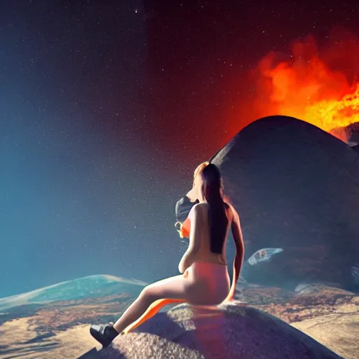 Image similar to a girl on a hill watching a flaming asteroid fall from space, octane render very realistic beatiful