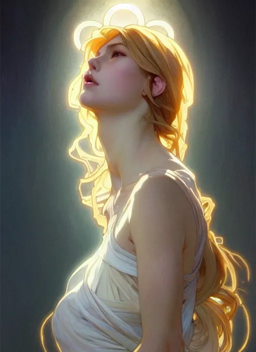 Image similar to digital character concept art by artgerm and greg rutkowski and alphonse mucha. clear portrait of a modern shy wife blessed by god to unstoppably grow more perfect and fertile!! blonde, in clothes! holy full - figured! light effect. hyper detailed, glowing lights!! intricate, elegant, digital painting, artstation, smooth, sharp focus