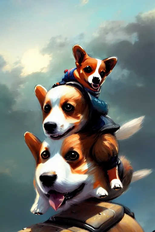 Prompt: tiny girl riding on the back of a giant corgi by greg rutkowski