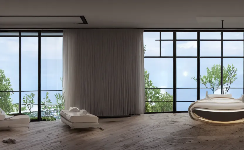 Image similar to a interior photo of a furnished modern house with a large window with view to the sea at sunset, octane render, unreal engine 5, godrays, ray tracing, hyperrealistic, full of luxury furniture, calm, relaxing, complementary colors, warm lighting, clouds in the sky, concept art, 4k, high quality, highly detailed, trending on DeviantArt, beautiful