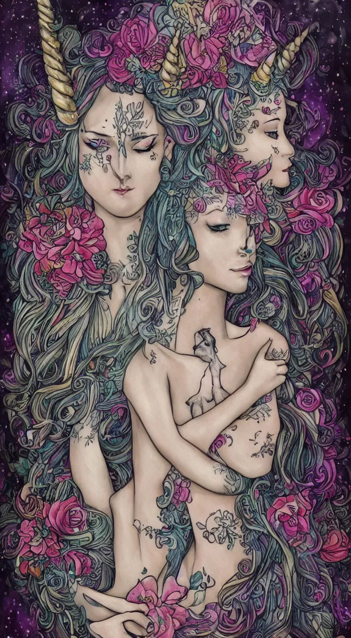 Image similar to beautiful woman with large tattoo of unicorn, intricate, flowers, mythical, detailed, digital painting