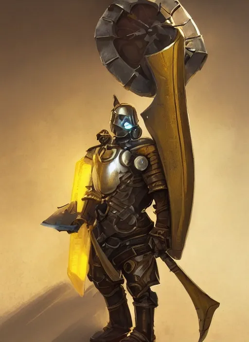Prompt: dynamic portrait of a warforged character in yellow armor holding a paladin engraved longsword and carrying a big shield, epic , trending on ArtStation, cinematic lighting, by Greg Rutkowski and Jesper Ejsing