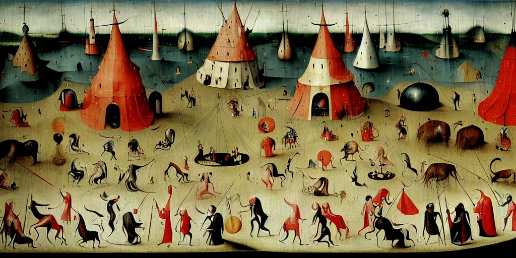Prompt: a beautiful painting of an elaborate circus by hieronymous bosch