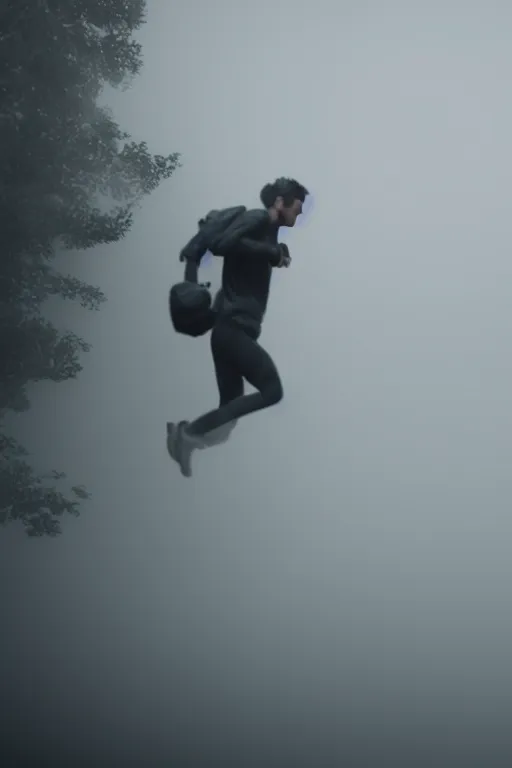 Image similar to photo of a person escaping from attacker cinematic, foggy, ultra realistic