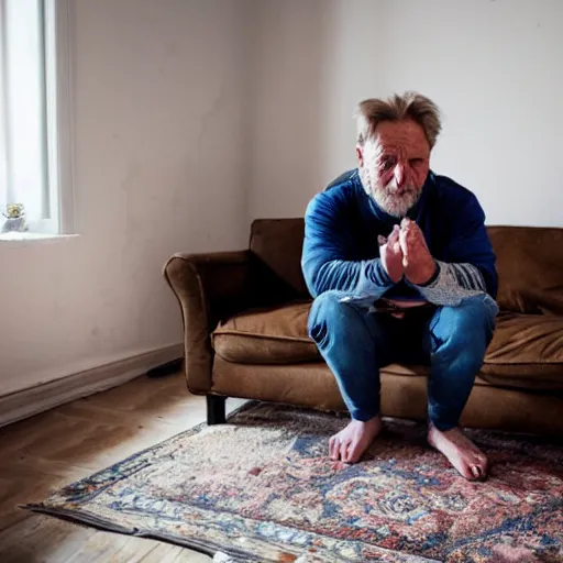 Prompt: a middle aged norwegian squatting in a living room