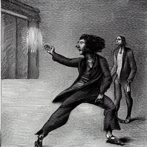 Image similar to portrait of a jeff bezos playing ping pong with mark zuckerberg, gothic, cat eyes, hair waving in the wind, high detail, illustration by gustav dore