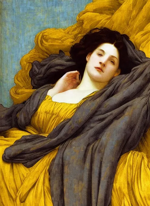 Image similar to masterpiece portrait of lady reclining on bed, flowing cloth floating in the wind, wearing yellow ochre ornate medieval dress, vertical, foreshortening, colour photography by frederic leighton, william morris, 8 k
