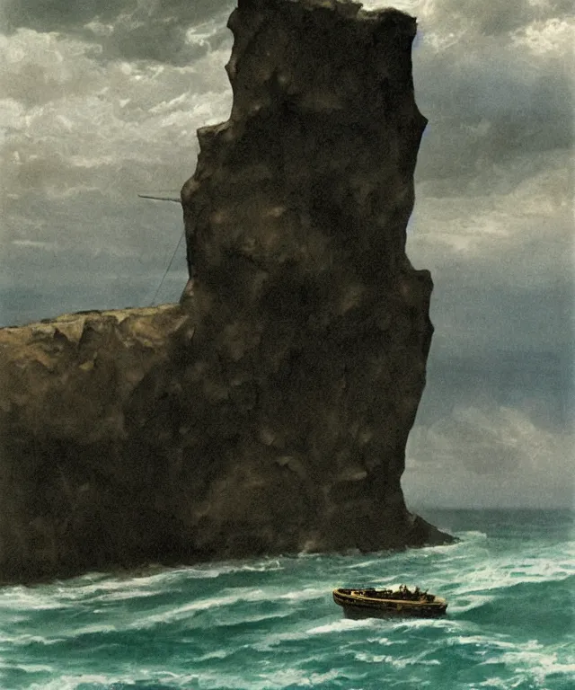 Prompt: photorealistic painting of a 1 9 2 5 seiner sailing near a tropical cliff with the mouth of a sea cave at the waterline, dark, brooding, atmospheric, lovecraft, horror, smooth, epic, highly detailed, cinematic, by angus mcbride