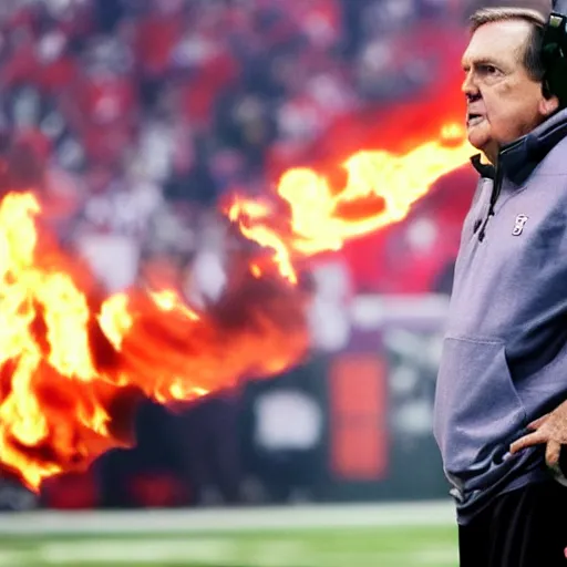 Prompt: Coach Belichick on fire, consumed by flames