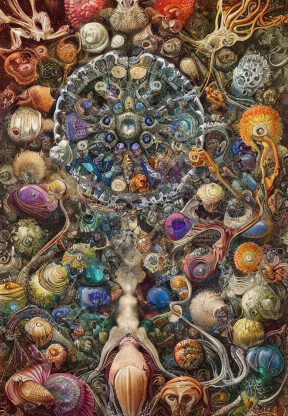 Image similar to simplicity, colorful muscular eldritch bodies and shells radiating town fractal, mandala white bones, colorful gems, brush pen, by h. r. giger and esao andrews and maria sibylla merian eugene delacroix, gustave dore, thomas moran, pop art, chiaroscuro, biopunk, art nouveau