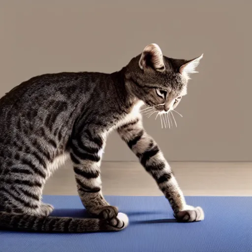 Image similar to highly detailed anthropomorphic cat doing yoga poses on long and thin scratchpost