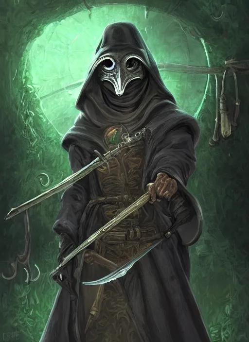 Prompt: a highly detailed illustration of plague doctor mask wearing woman, wearing black robe, wielding large scythe, surrounded by green mist background, intricate, elegant, highly detailed, centered, digital painting, artstation, concept art, smooth, sharp focus, league of legends concept art, WLOP