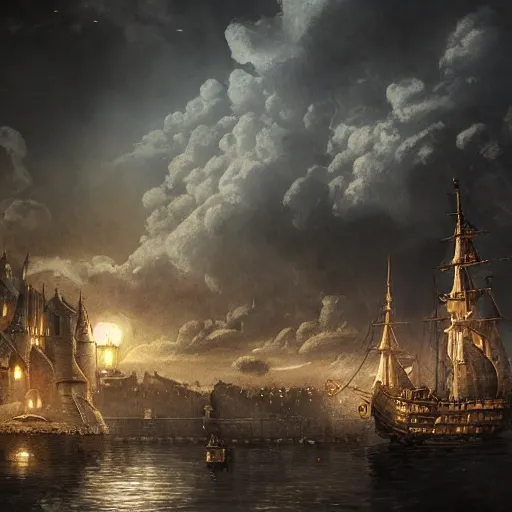 Image similar to medieval city floating above a sea in the moonlight with some puffs of clouds with a dark and gloomy theme, ultra fine detail, concept art, matte painting