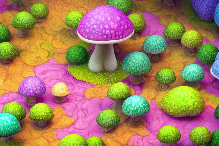 Prompt: Isometric mushroom forest, pastel colors, highly detailed, octane render, psychedelic, trending on artstation