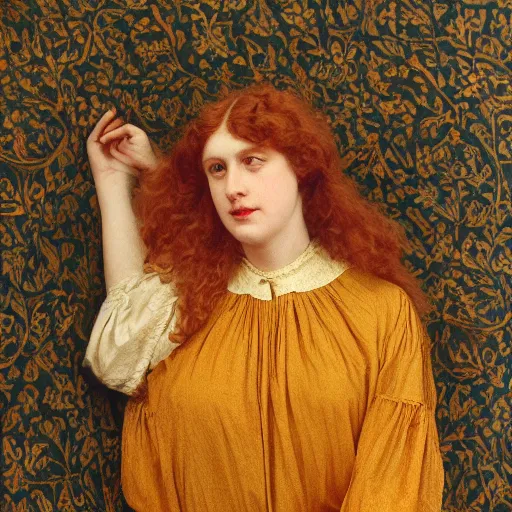 Image similar to preraphaelite photography reclining on bed, large downslanted eyes, large lips, big brown fringe, yellow ochre ornate medieval dress, charles sillem lidderdale, william morris, 4 k