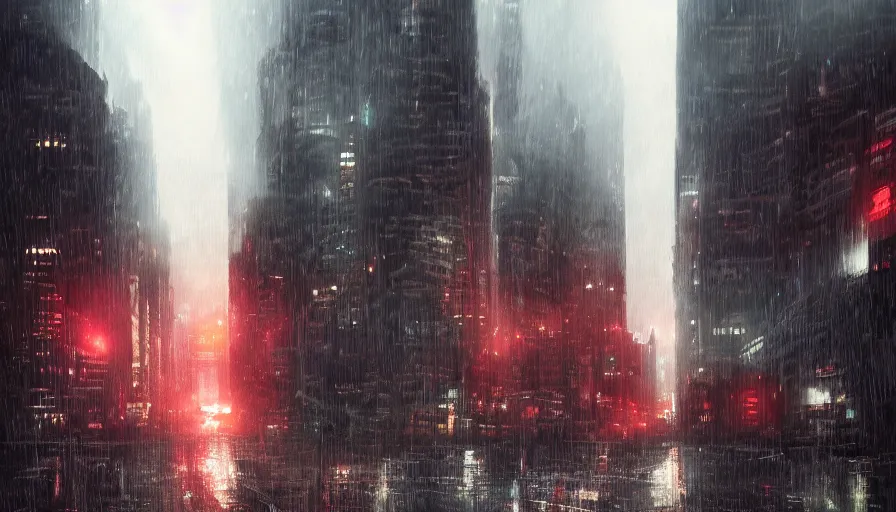 Prompt: Gotham City under a huge rainstorm with lightning, hyperdetailed, artstation, cgsociety, 8k