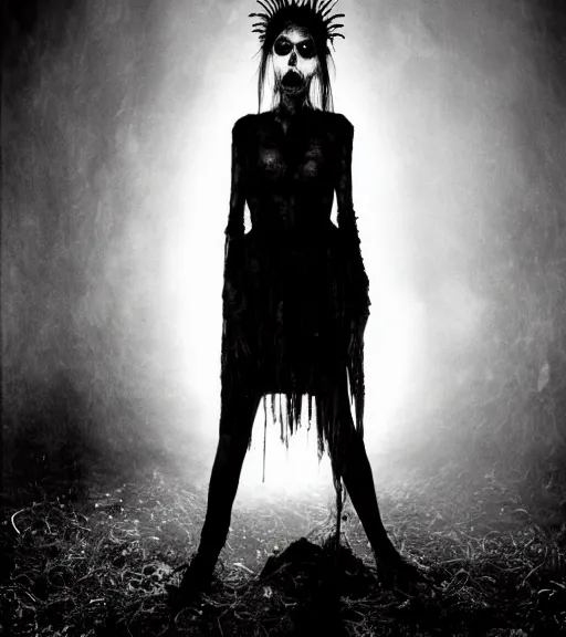 Image similar to gothic necrolord female with zombie servents, professional photography, high resolution, liminal eerie midnight backlit, a photograph taken by Cindy Sherman