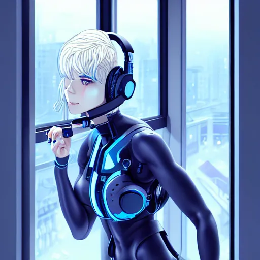 Image similar to cyborg - girl with silver hair, wearing headphones, and sitting on a window sill, highly detailed, painting, dark blue and black color palette, intricate, high quality anime artstyle, in the style of artgerm