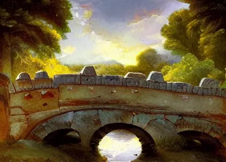 Image similar to modern stylized oil painting of medieval stone bridge, very very very beautiful, funny structure, romanticism by goya, bright art, cinematic dramatic lighting, plants and water