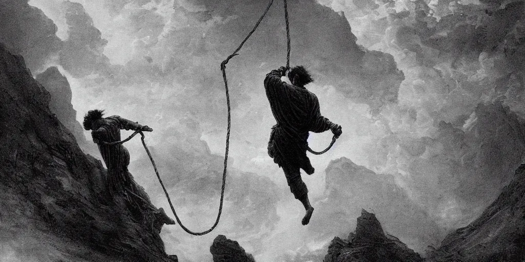 Prompt: Cinematic concept Art for film directed by Terrence Malick close up of man as he struggles to pull on rope, dramatic, dynamic angle, cinematic lighting, hyperdetailed, in the style of Gustave Doré