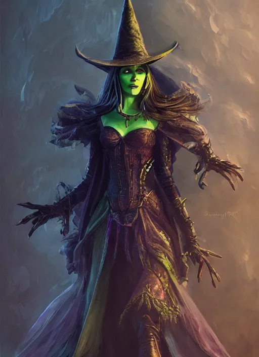 Image similar to beautiful female wicked witch, rebecca romijn as the wicked witch of the west, full body character concept, armor, super powers, fantasy, intricate, elegant, highly detailed, digital painting, artstation, concept art, shining, sharp focus, illustration, art by stanley lau