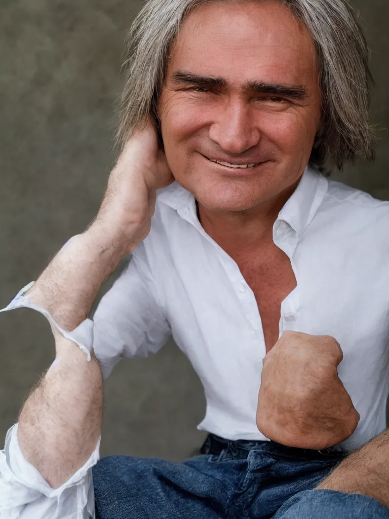 Prompt: portrait photograph of Braco the gazer , he has horns like the devil and is wearing a white shirt high definition, serene smile, happy, brown eyes, long grey hair, small eyebrows