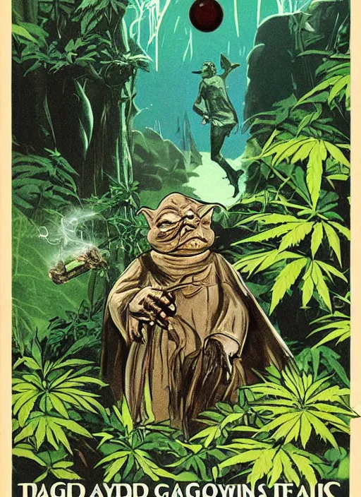 Image similar to vintage tourism poster for dagobah, depicting stoned yoda using force powers to smoke a blunt, surrounded by cannabis plants,