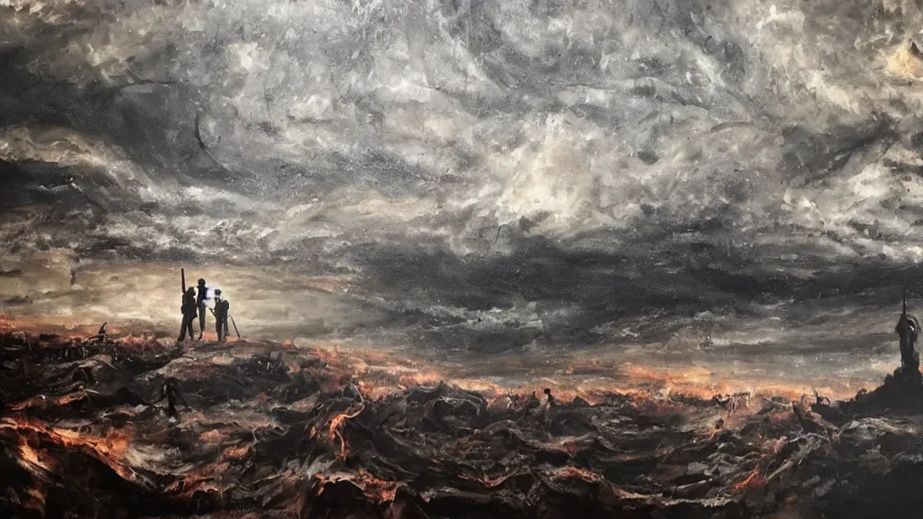 Prompt: big dark landscape, chilling overwhelming oil painting, brutal unforgiving fantasy hell, hopeless and dreadful tortured people