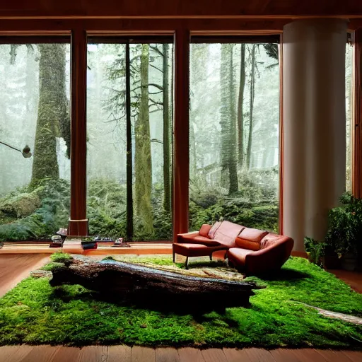 Prompt: living room interior with temperate rainforest aesthetic, live redwood furniture and objects, moss floor, volumetric atmospheric interior fog, fallen log furniture.