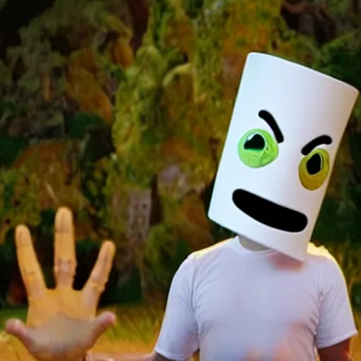 Image similar to marshmello prays to crazy frog with hands clasped