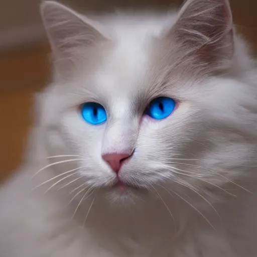 Prompt: fluffy white cat with one eye blue and the other eye green