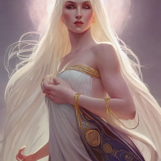 Prompt: goddess, white hair, long hair, elegant, ethereal, highly detailed, digital painting, artstation, concept art, smooth, sharp focus, illustration, art by artgerm and greg rutkowski and alphonse mucha