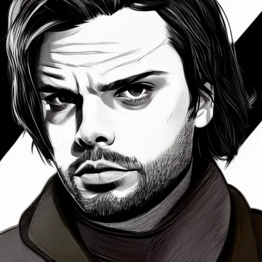 Image similar to sebastian stan as bucky barnes, looking at the viewer. beautiful face. clean cel shaded vector art. shutterstock. behance hd by lois van baarle, artgerm, helen huang, by makoto shinkai and ilya kuvshinov, rossdraws, illustration, art by ilya kuvshinov