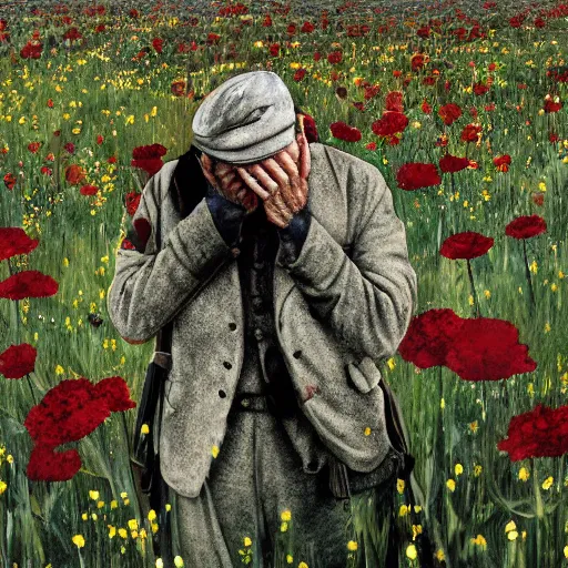 Image similar to A WWI veteran, tired, melancholic, in a field of flowers, photorealistic, detailed, 8K