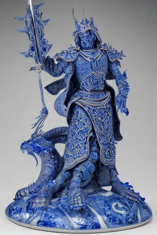 Image similar to an polished texturized sculpture of Kel'Thuzad in white and blue chinese porcelain by kris kuksi