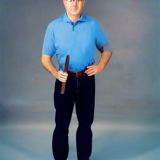 Prompt: preston hawkes wearing a blue collared polo shirt with blue jeans holding a protractor in one hand and a sword in the other hand, studio portrait