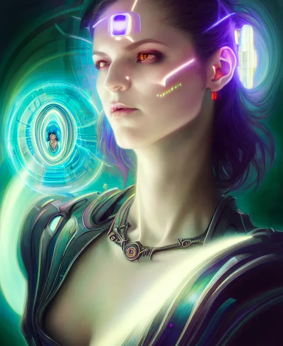 Prompt: a whirlwind of souls rushing inside the metaverse, hologram, half body, piercing, neurochip, shaved temple, jewelry, android, cyborg, cyberpunk face, by loish, d & d, fantasy, intricate, elegant, highly detailed, colorful, digital painting, artstation, concept art, art by artgerm and greg rutkowski and alphonse mucha