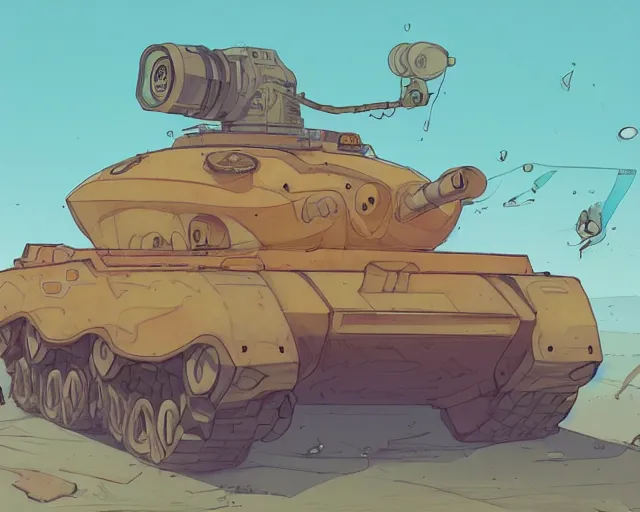 Prompt: a study of cell shaded cartoon tank with apole with dozens of cameras on it, driving on a desert road, road, illustration, wide shot, subtle colors, post grunge, concept art by josan gonzales and wlop, by james jean, victo ngai, highly detailed, sharp focus, trending on artstation, hq, deviantart, art by artgem