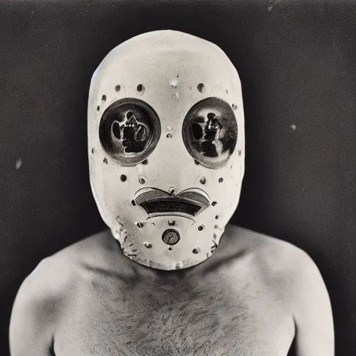 Image similar to photo portrait of 19 century brutal metal face mask cultist lord rich baron by Diane Arbus and Louis Daguerre