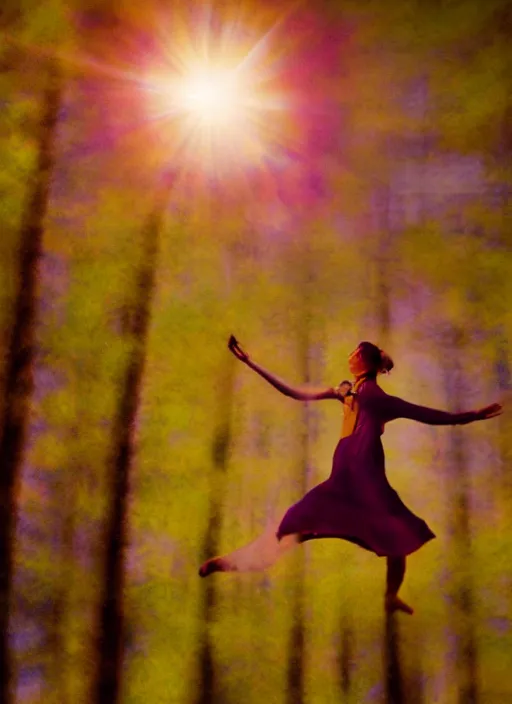 Image similar to elegant female ascending into the sky, glowing aura, motion blur, out of focus, film grain, cinematic lighting, experimental film, shot on 1 6 mm, soft lighting