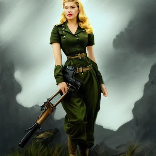 Prompt: A combination of Katheryn Winnick's and Grace Kelly's and Victoria Justice's appearances as a WW2 soldier, full body portrait, western, D&D, fantasy, intricate, elegant, highly detailed, digital painting, artstation, concept art, matte, sharp focus, illustration, art by Artgerm and Greg Rutkowski and Alphonse Mucha