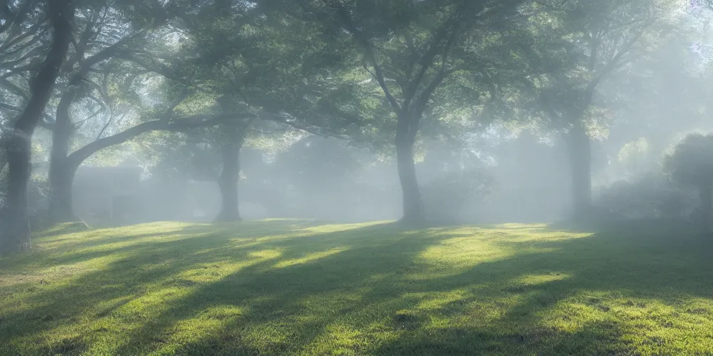 Image similar to i, a detailed Japanese yard in the morning mist with sunshine, 8k, high definition, trending on artstation