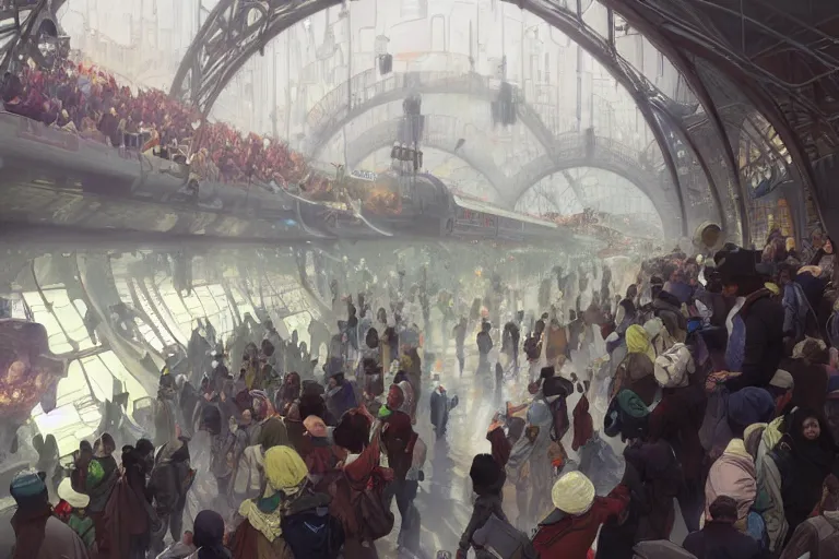 Image similar to subway mayhem as people rush to get on the cattrain, highly detailed, digital painting, artstation, concept art, smooth, sharp focus, illustration, art by greg rutkowski and alphonse mucha